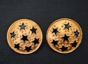 Vintage Black Enamel Star Clip On Earrings By Leslie Block 1990